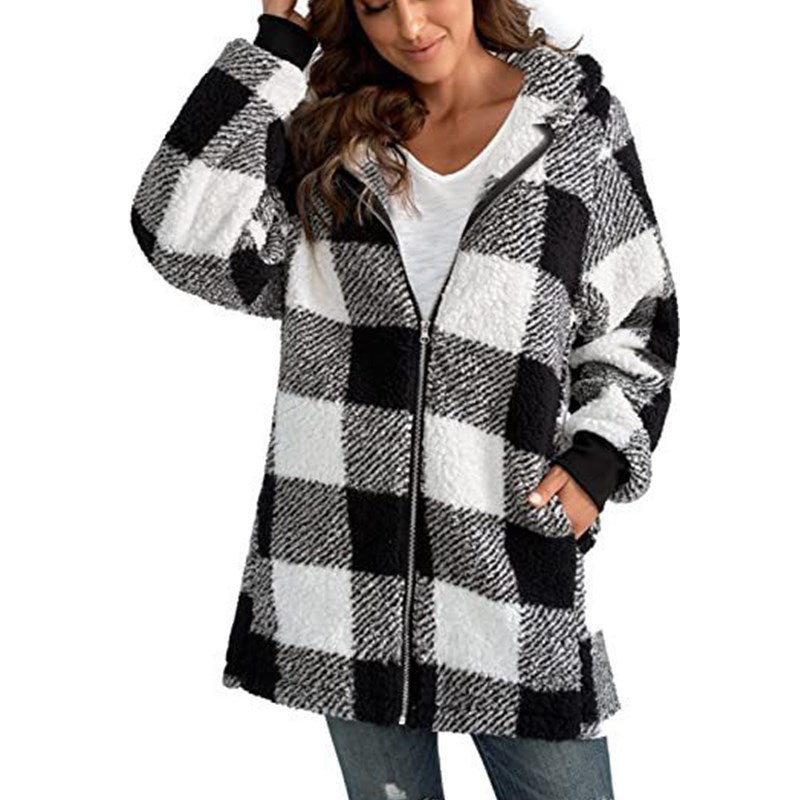 Sollise | Women's Casual Stretch Cozy Plaid Fleece Blend Hooded Coat for Top — Black