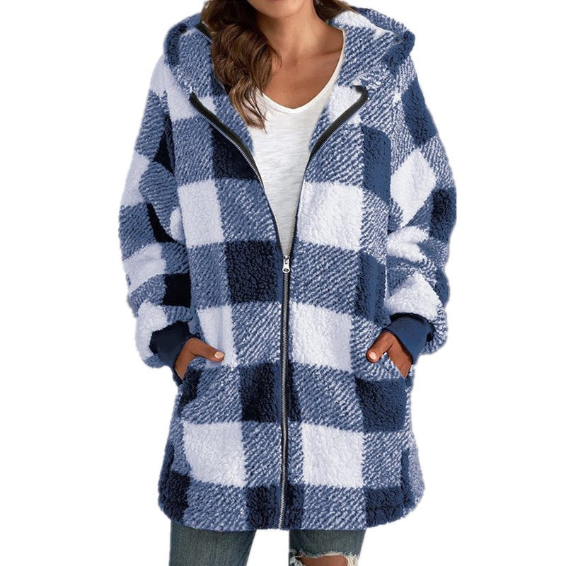 Sollise | Women's Casual Stretch Cozy Plaid Fleece Blend Hooded Coat for Top — Blue