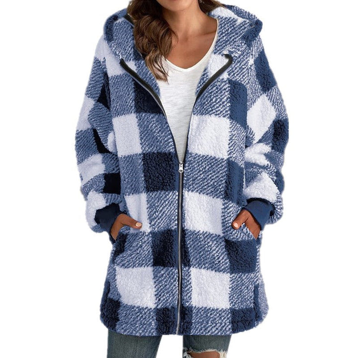 Sollise | Women's Casual Stretch Cozy Plaid Fleece Blend Hooded Coat for Top — Blue