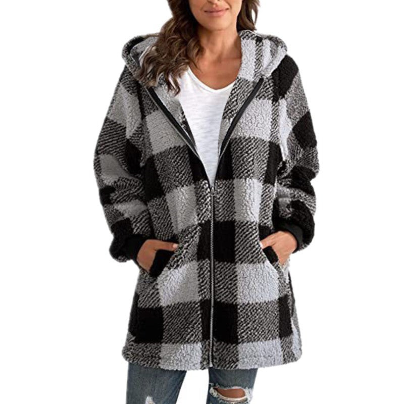 Sollise | Women's Casual Stretch Cozy Plaid Fleece Blend Hooded Coat for Top — Gray