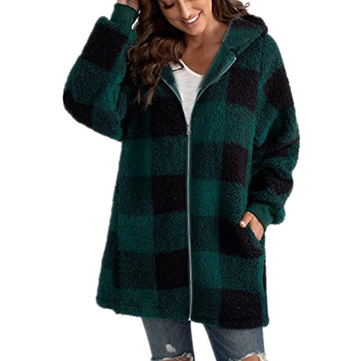 Sollise | Women's Casual Stretch Cozy Plaid Fleece Blend Hooded Coat for Top — Green