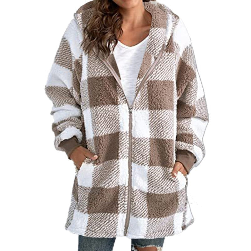 Sollise | Women's Casual Stretch Cozy Plaid Fleece Blend Hooded Coat for Top — Khaki