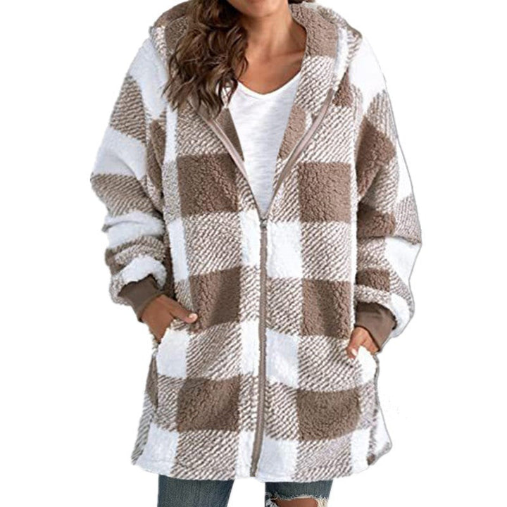 Sollise | Women's Casual Stretch Cozy Plaid Fleece Blend Hooded Coat for Top — Khaki