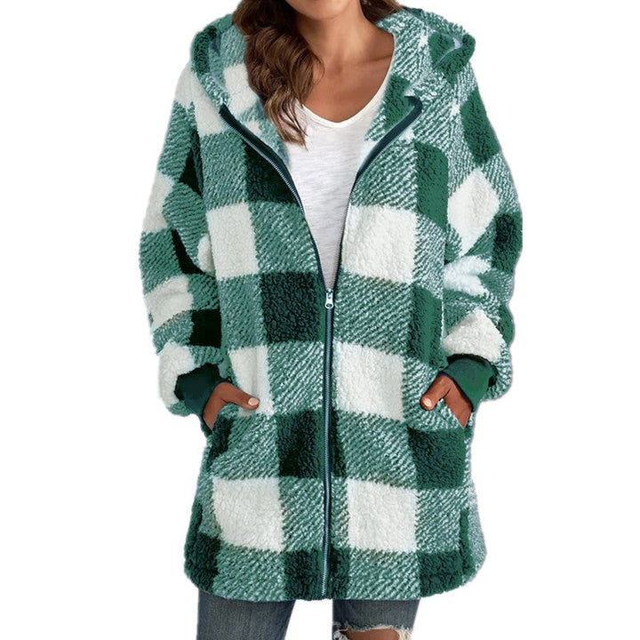 Sollise | Women's Casual Stretch Cozy Plaid Fleece Blend Hooded Coat for Top — Light green