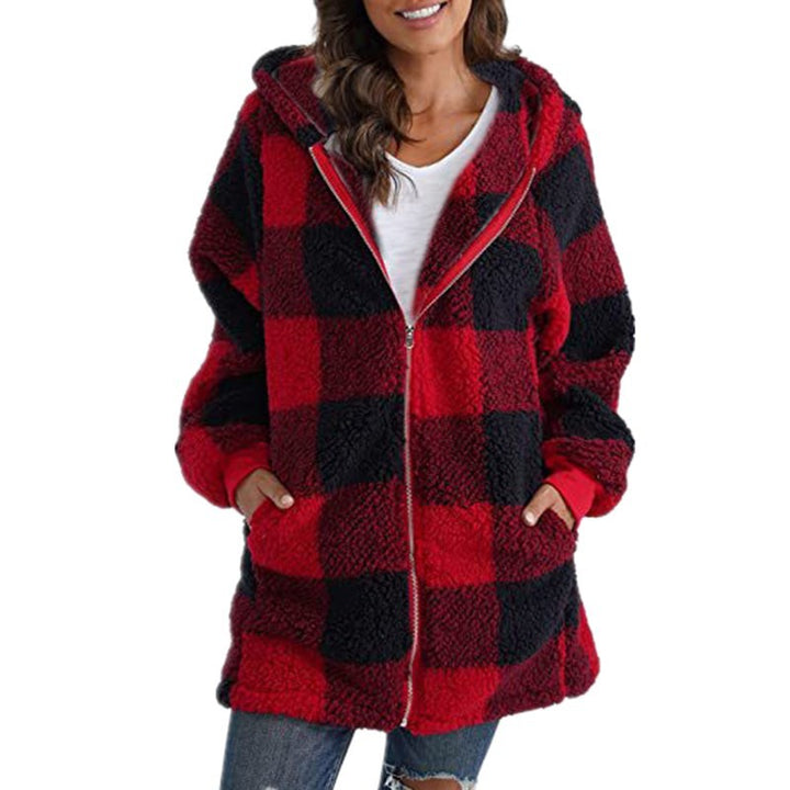 Sollise | Women's Casual Stretch Cozy Plaid Fleece Blend Hooded Coat for Top — Red