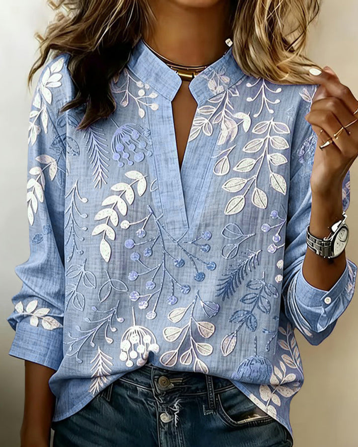 Talisa | Women's Linen Casual Soft-Touch Blouse Pastel Floral V-Neck — Blue