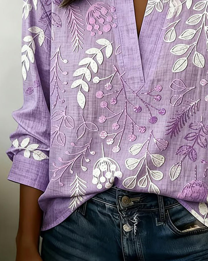 Talisa | Women's Linen Casual Soft-Touch Blouse Pastel Floral V-Neck — 2