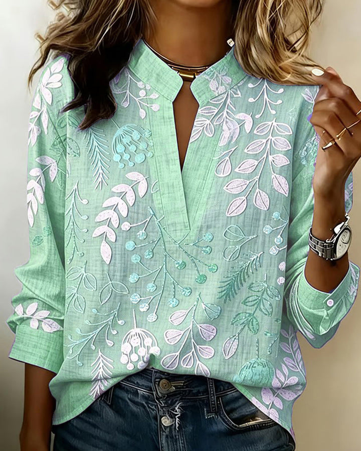 Talisa | Women's Linen Casual Soft-Touch Blouse Pastel Floral V-Neck — Green