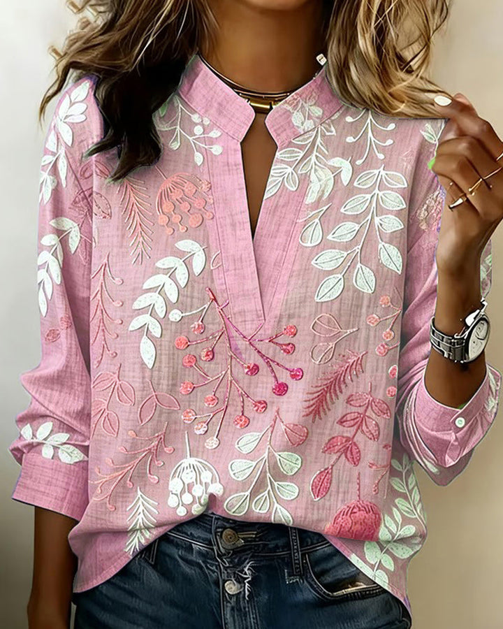 Talisa | Women's Linen Casual Soft-Touch Blouse Pastel Floral V-Neck — Pink