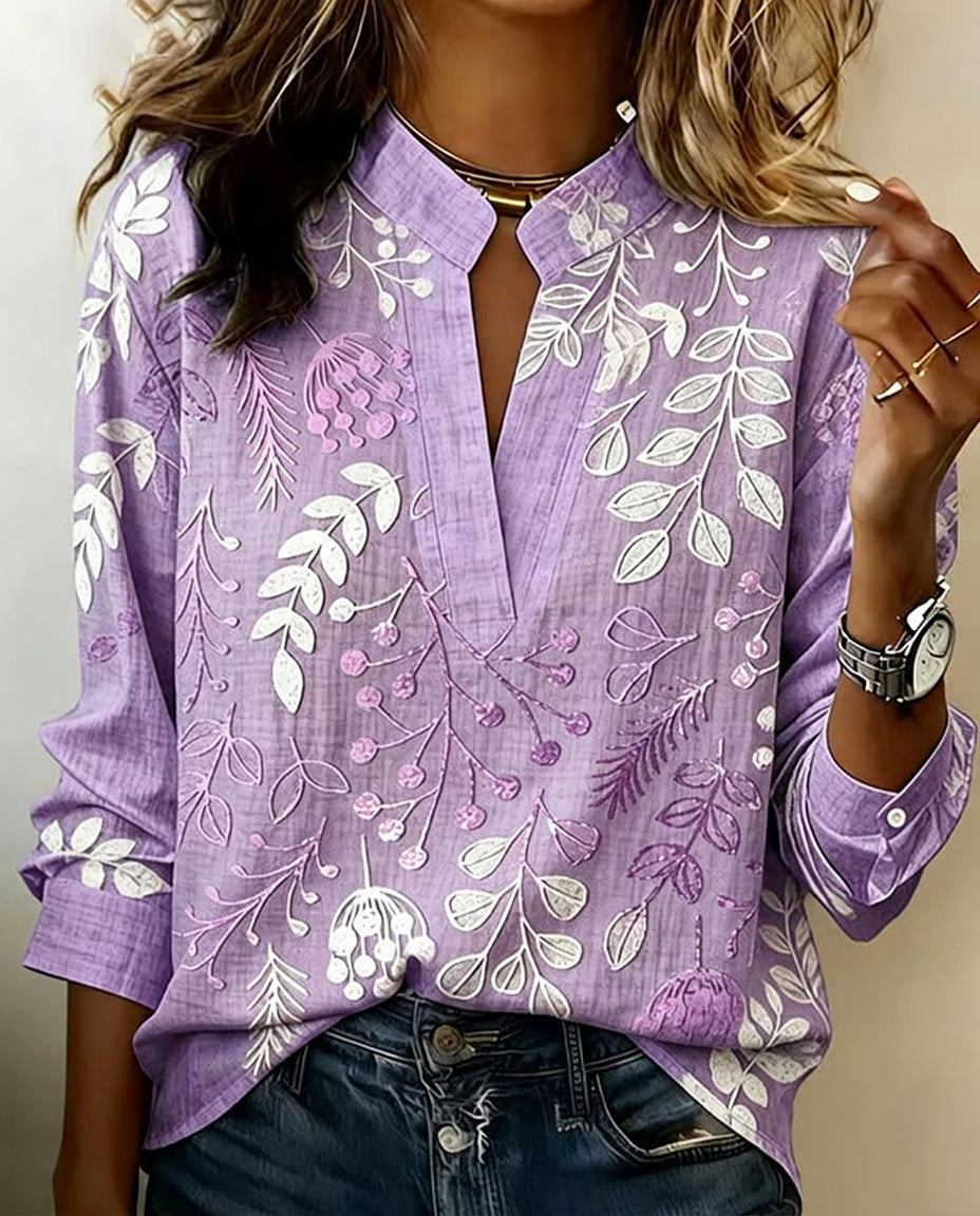 Talisa | Women's Linen Casual Soft-Touch Blouse Pastel Floral V-Neck — Purple
