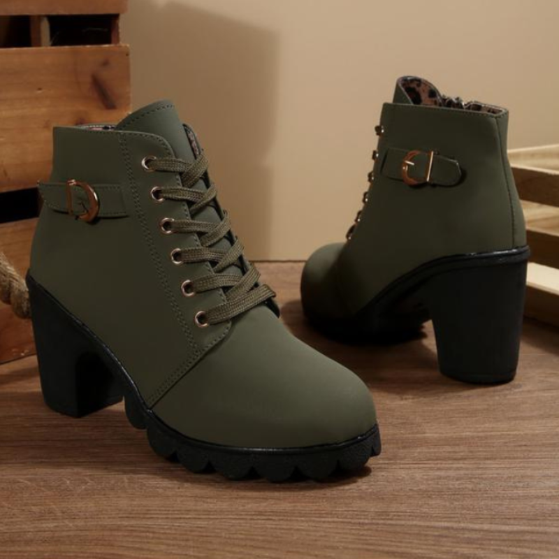 Tatiana | Women's Western Style Knee-High Lace Up Ankle Block Heel Boots — Army Green