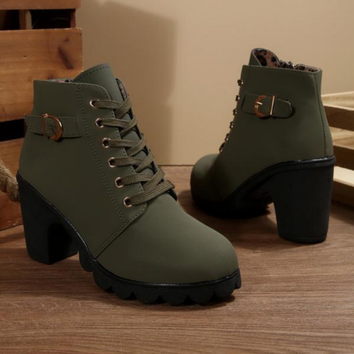 Tatiana | Women's Western Style Knee-High Lace Up Ankle Block Heel Boots — Army Green