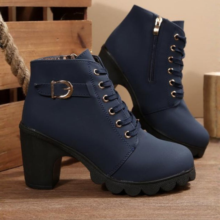 Tatiana | Women's Western Style Knee-High Lace Up Ankle Block Heel Boots — Blue
