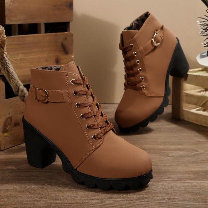 Tatiana | Women's Western Style Knee-High Lace Up Ankle Block Heel Boots — Brown