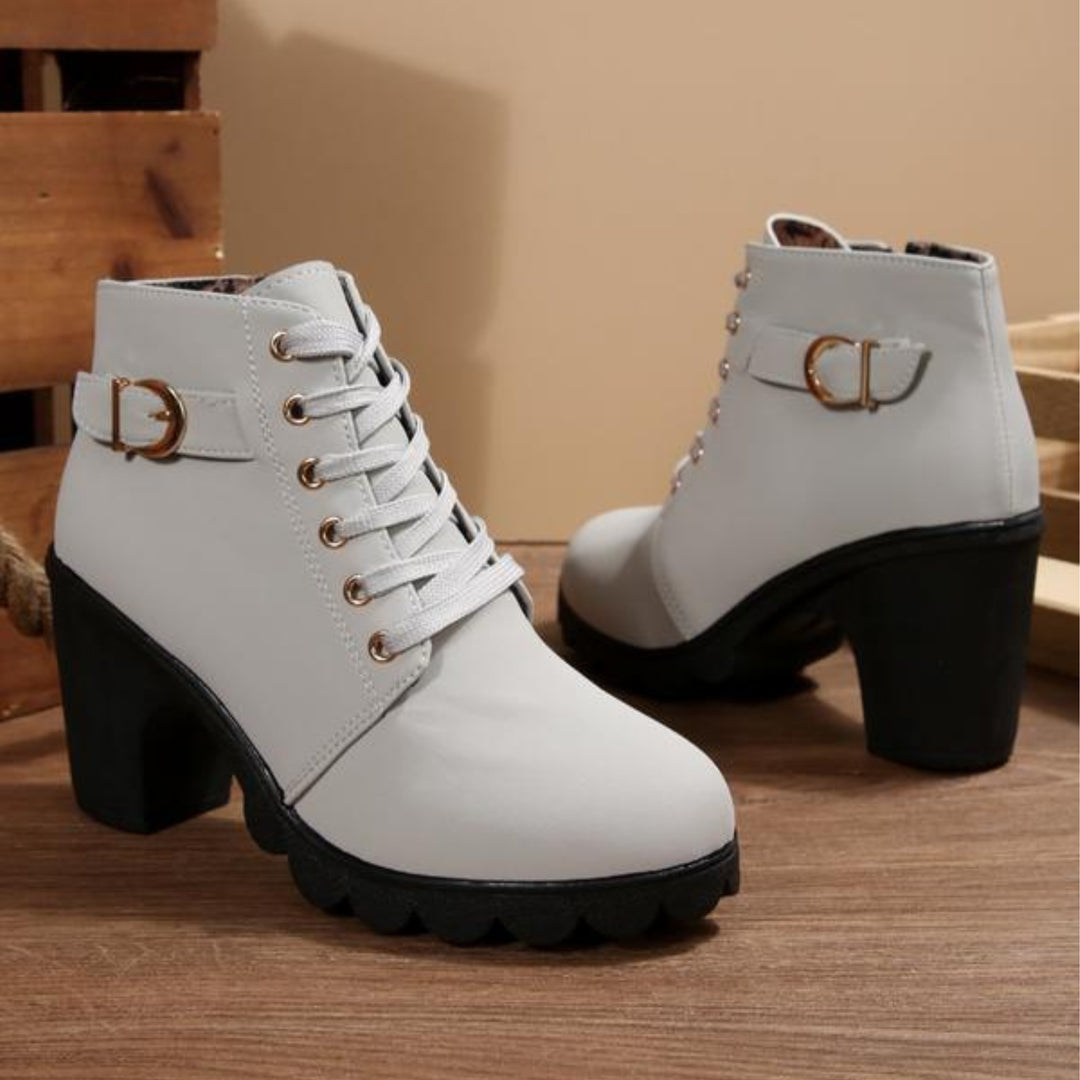 Tatiana | Women's Western Style Knee-High Lace Up Ankle Block Heel Boots — Gray