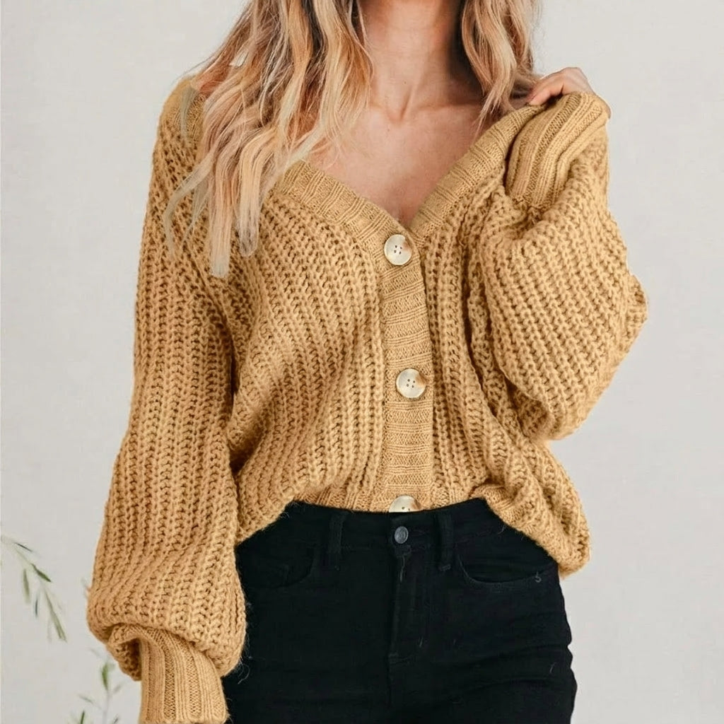 Theareth | Women's Cozy Knit V-Neck Long Sleeve Cropped Cardigan — 1