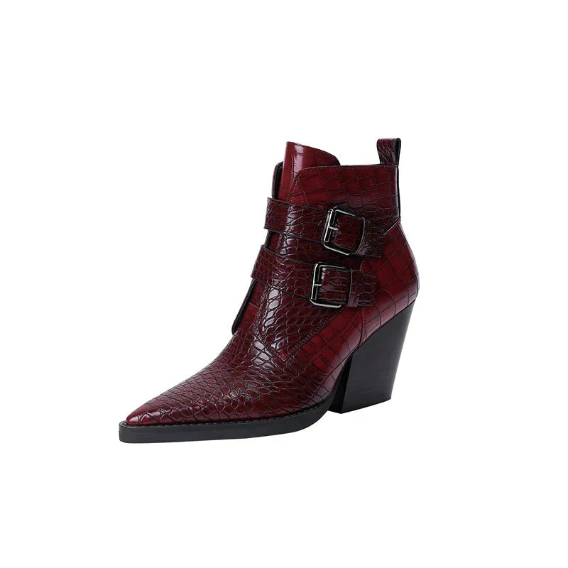 Aelsaessa | Women's Pointed Toe Ankle Block Heel With Buckle Boots — 1