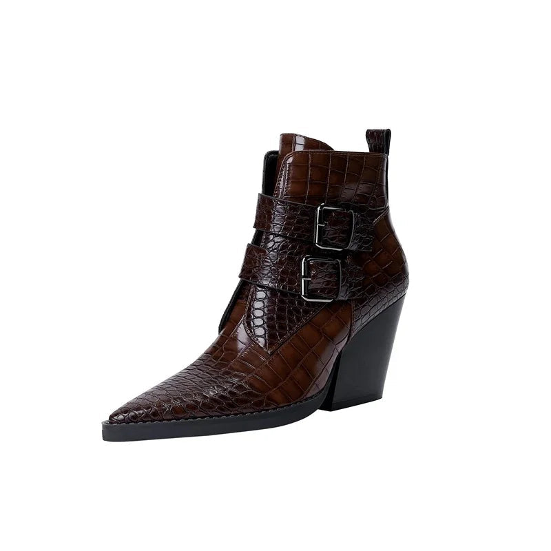 Aelsaessa | Women's Pointed Toe Ankle Block Heel With Buckle Boots — 2