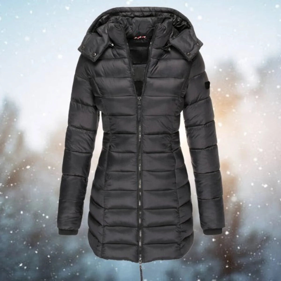 Tindrariel | Women's Long Hooded puff Quilted Jacket Zip-Up Coat — Black
