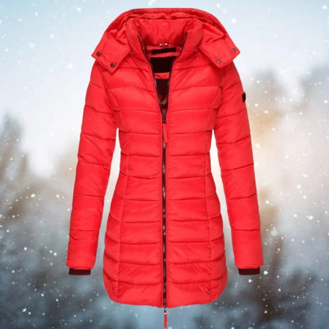 Tindrariel | Women's Long Hooded puff Quilted Jacket Zip-Up Coat — Red