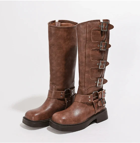Tovania | Women's Boots Block Heel Buckle Strap Everyday Wear - Brown