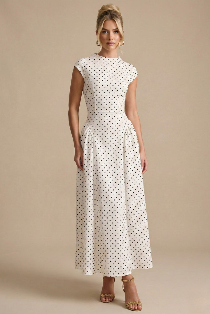 Una | High-Waist Polka-Dot Pleated Maxi Skirt