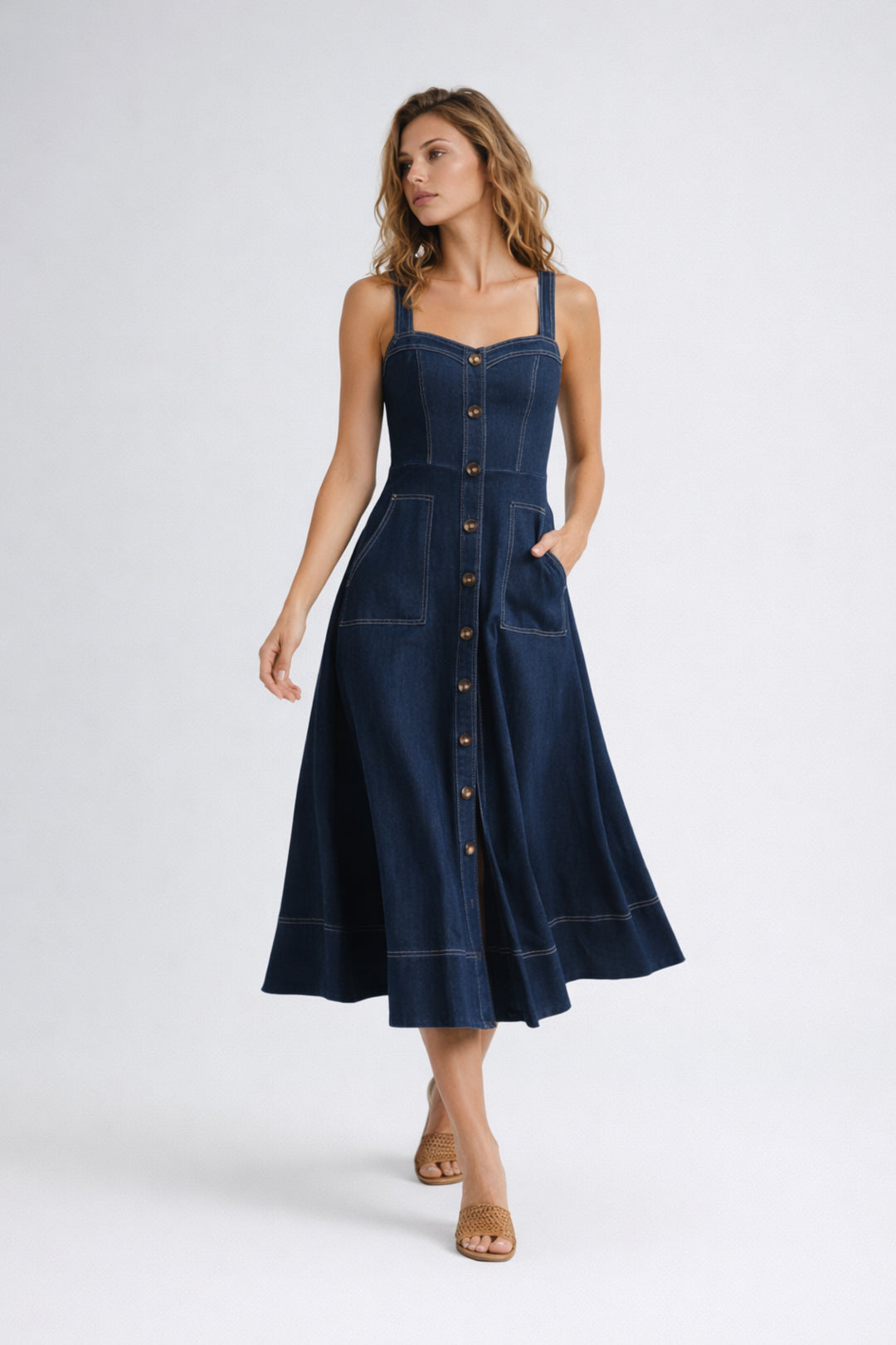 Ursulina | Women's Wedding Guest Elegant Denim Midi Dress Dresses — Blue