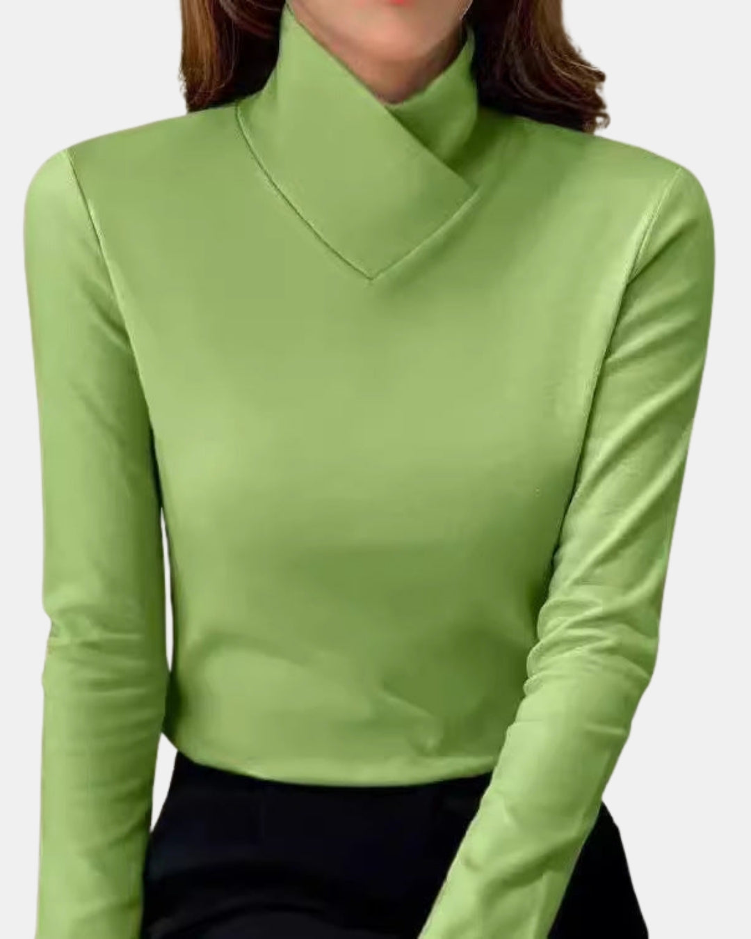 Valeriana | Women's Casual Stretch Sleek High Neck Long Sleeve Top — Green