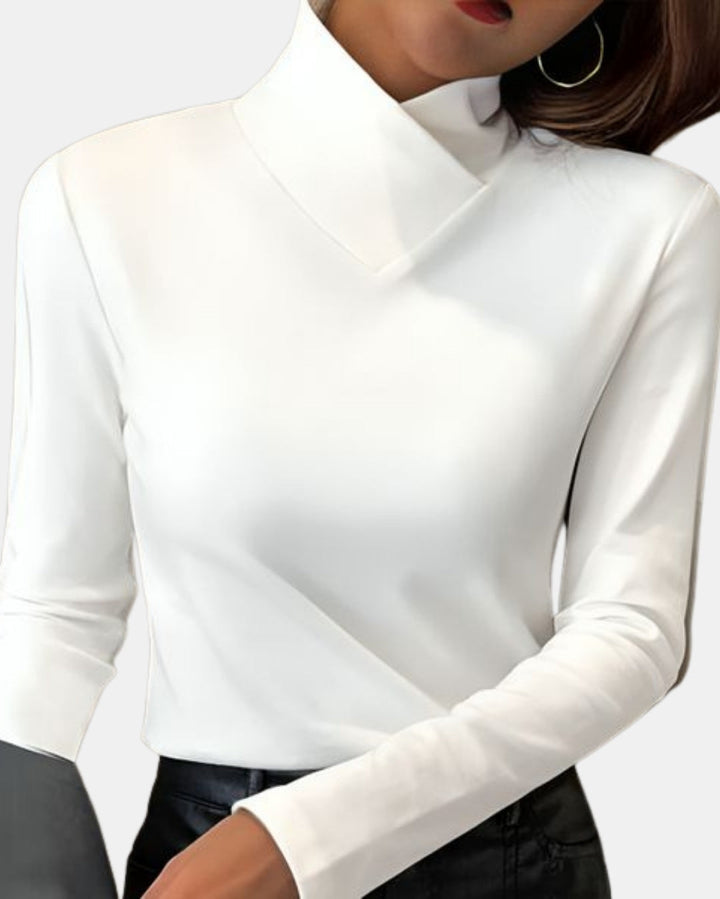 Valeriana | Women's Casual Stretch Sleek High Neck Long Sleeve Top — White