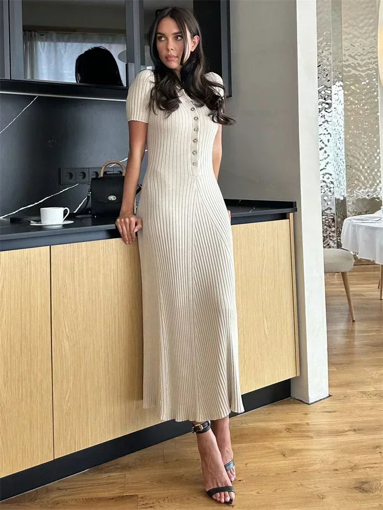 Vesperdessa | Women's Ribbed Knit Maxi Dress V Neck Button