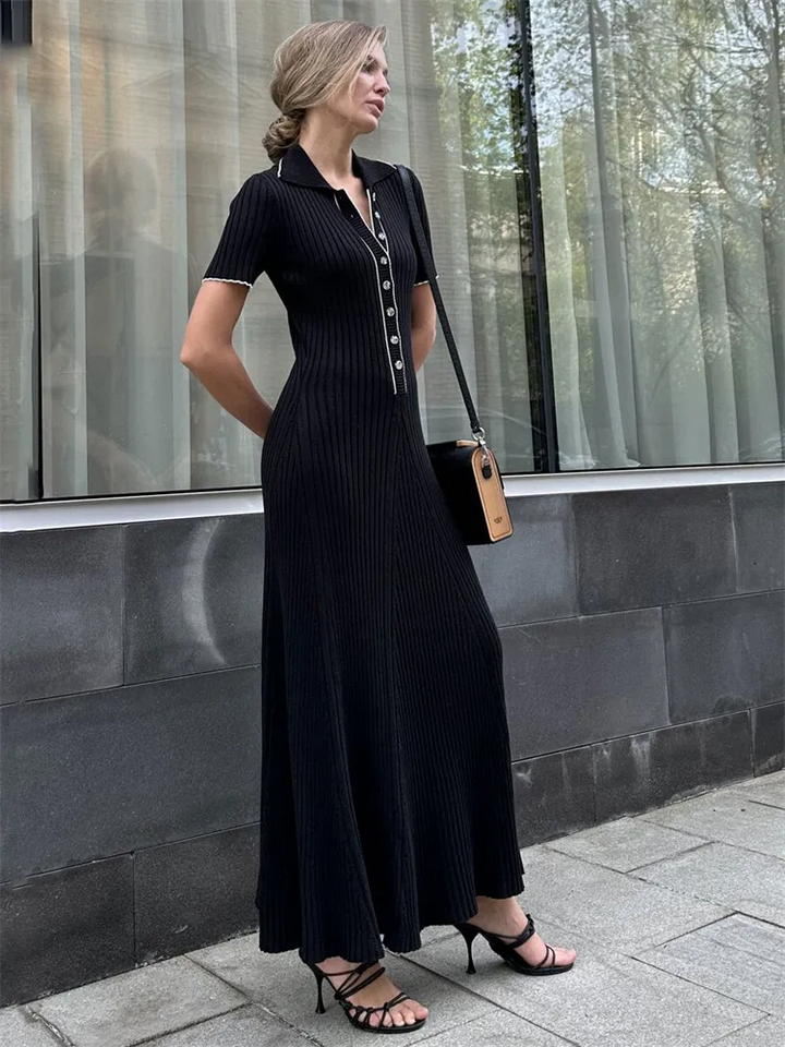 Vesperdessa | Women's Ribbed Knit Maxi Dress V Neck Button