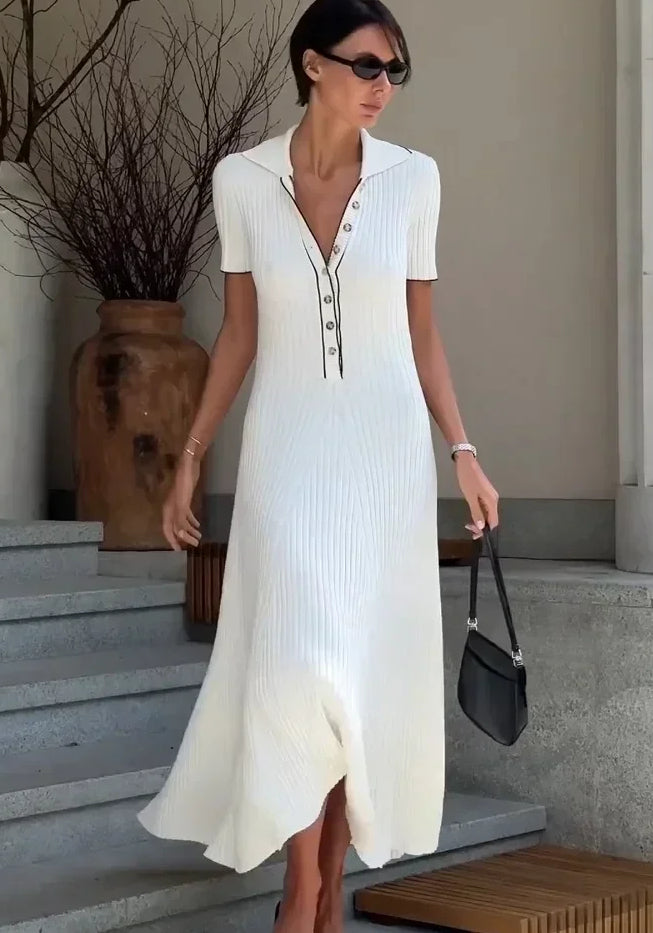 Vesperdessa | Women's Ribbed Knit Maxi Dress V Neck Button