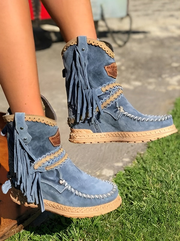 Vesperoura | Women's Boho Fringe Boots — Dark Blue