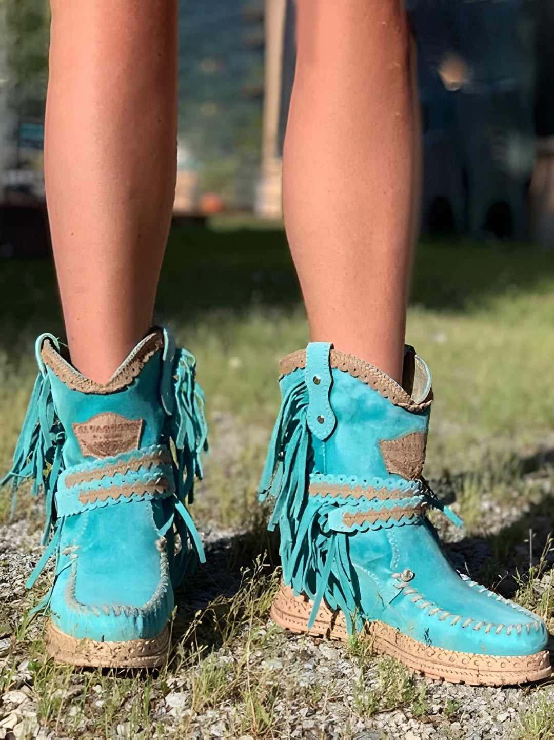 Vesperoura | Women's Boho Fringe Boots — Light Blue