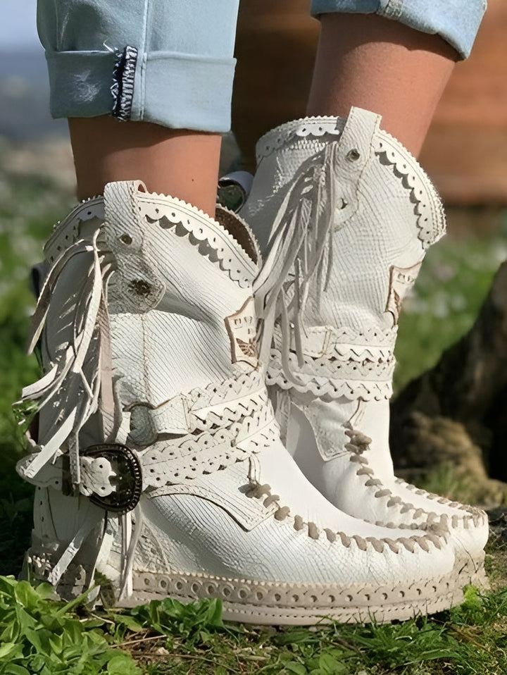 Vesperoura | Women's Boho Fringe Boots — Off-white
