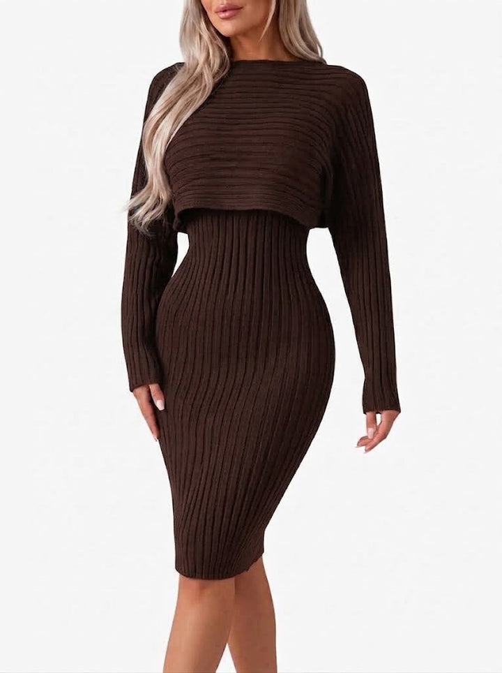 Vesperwen | Women's Two-Piece Matching Ribbed Midi Skirt Co-Ord Set with Cropped Top — Dark Brown
