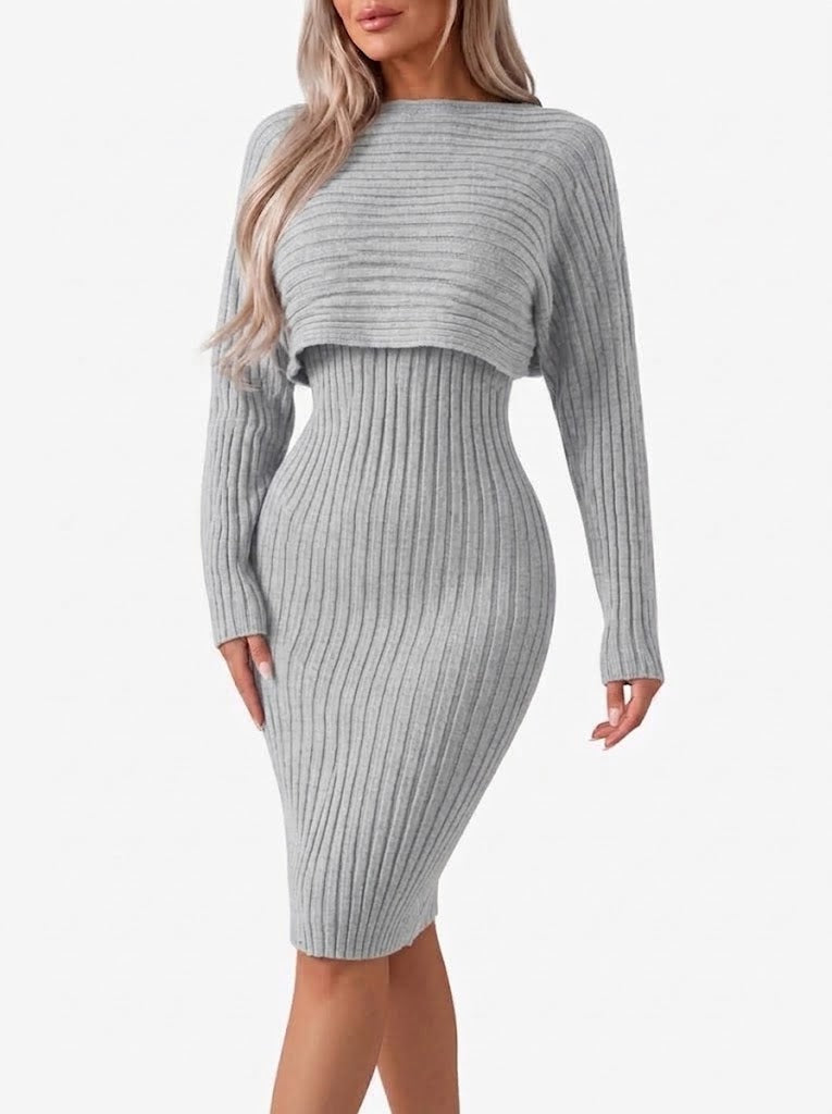 Vesperwen | Women's Two-Piece Matching Ribbed Midi Skirt Co-Ord Set with Cropped Top — Grey