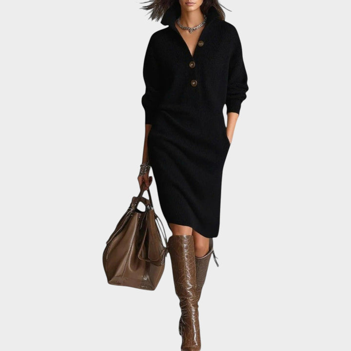 Vienbelle | Women's Elegant Sweater Dress Knit Classic Collar — Black