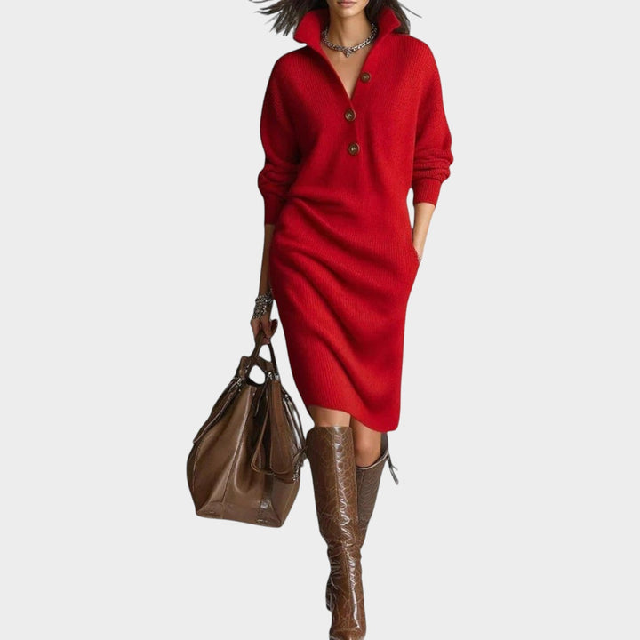 Vienbelle | Women's Elegant Sweater Dress Knit Classic Collar — Red