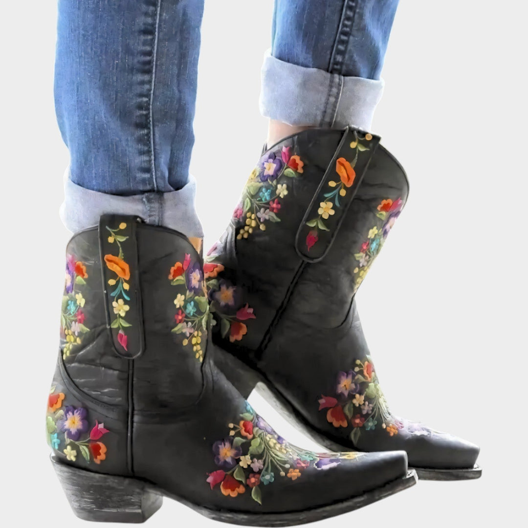 Wildareth | Women's Cowboy Boots Floral Embroidered Western Inspired — Black