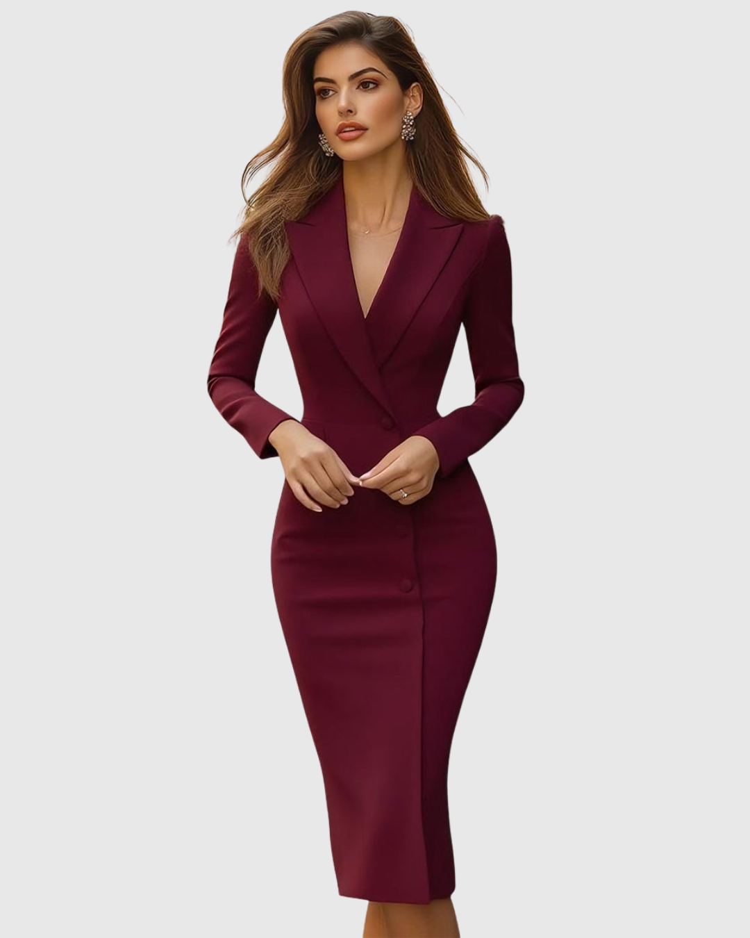 Female model wearing a polished midi dress on a plain background.