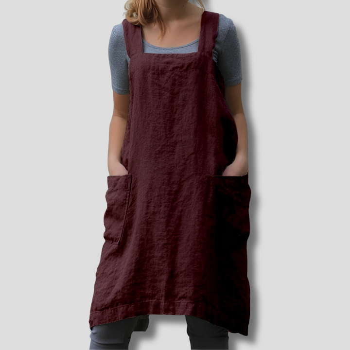 Woman wearing a square-neck sleeveless midi dress for everyday styling.