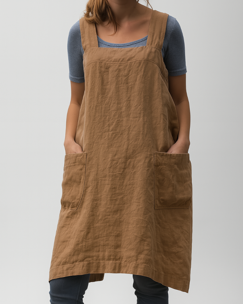 Female in a square-neck midi dress with patch pockets on a plain background.