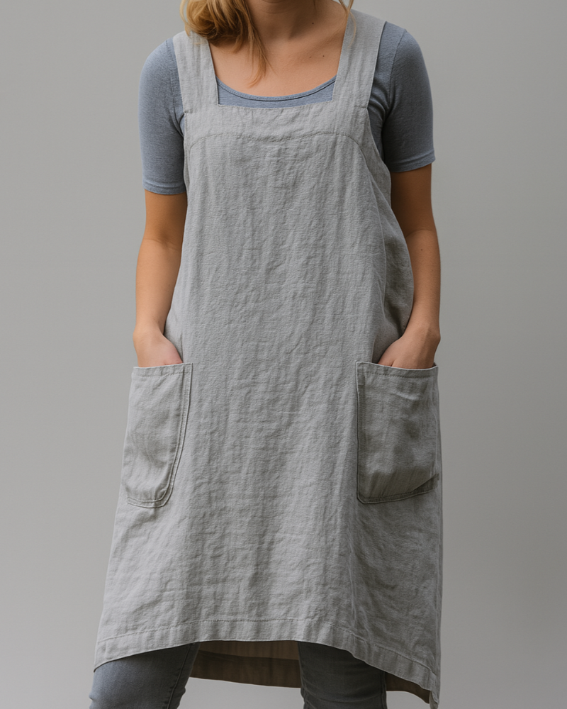 Female modelling a relaxed fit apron-style midi dress with patch pockets.