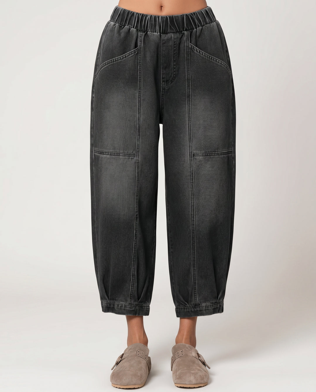 Xanthippe | Women's High-Waist Wide-Leg Tapered Jeans with Elastic Waist — Black