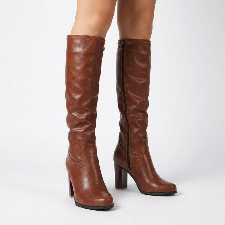 Yaraella | Women's Leather Knee-High Boots, Block Heel Side Zip — 1