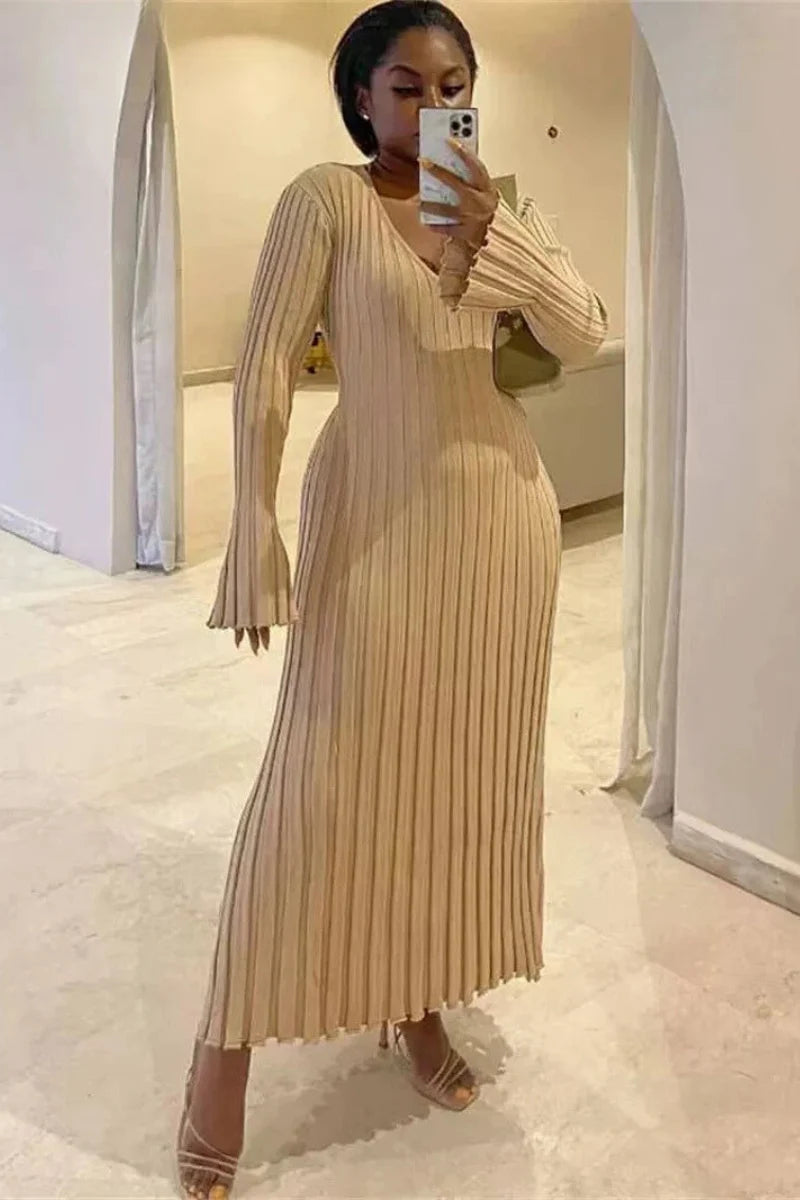 Zaraienne | V-Neck Long Sleeve Ribbed Knit Maxi Sweater Dress