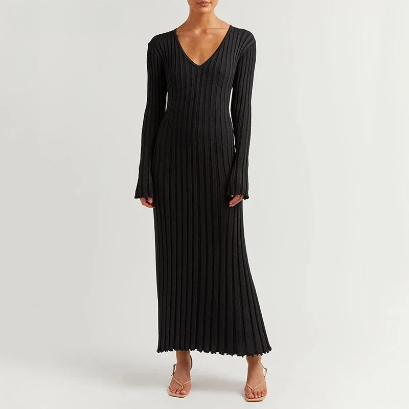Zaraienne | V-Neck Long Sleeve Ribbed Knit Maxi Sweater Dress
