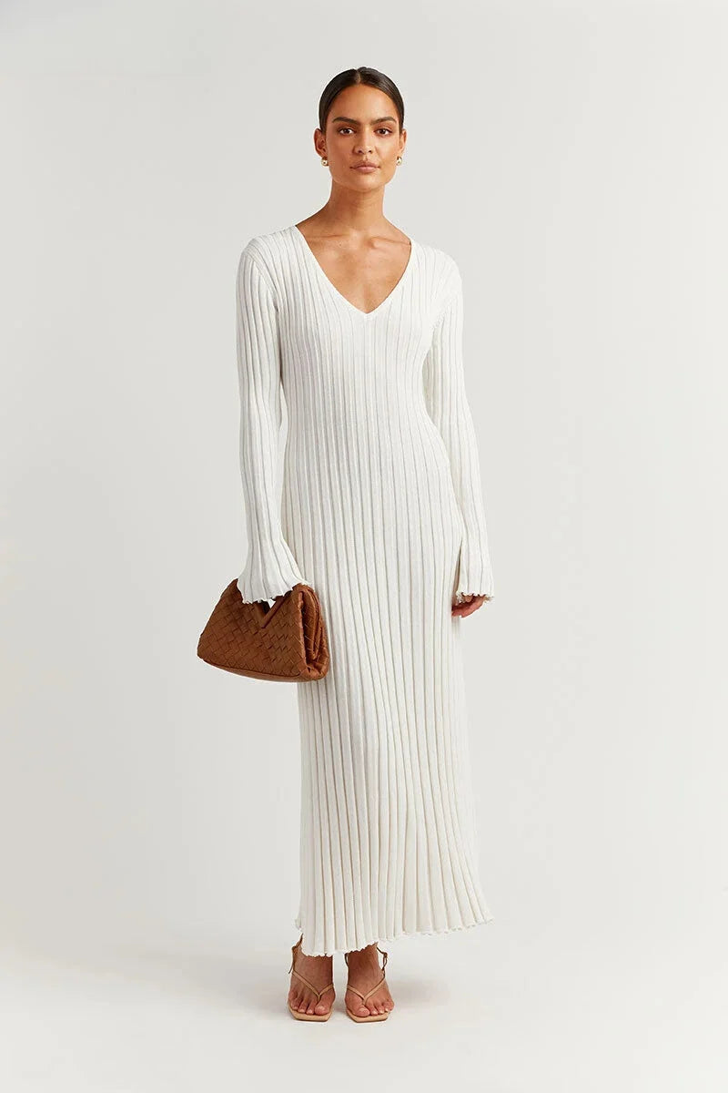 Zaraienne | V-Neck Long Sleeve Ribbed Knit Maxi Sweater Dress