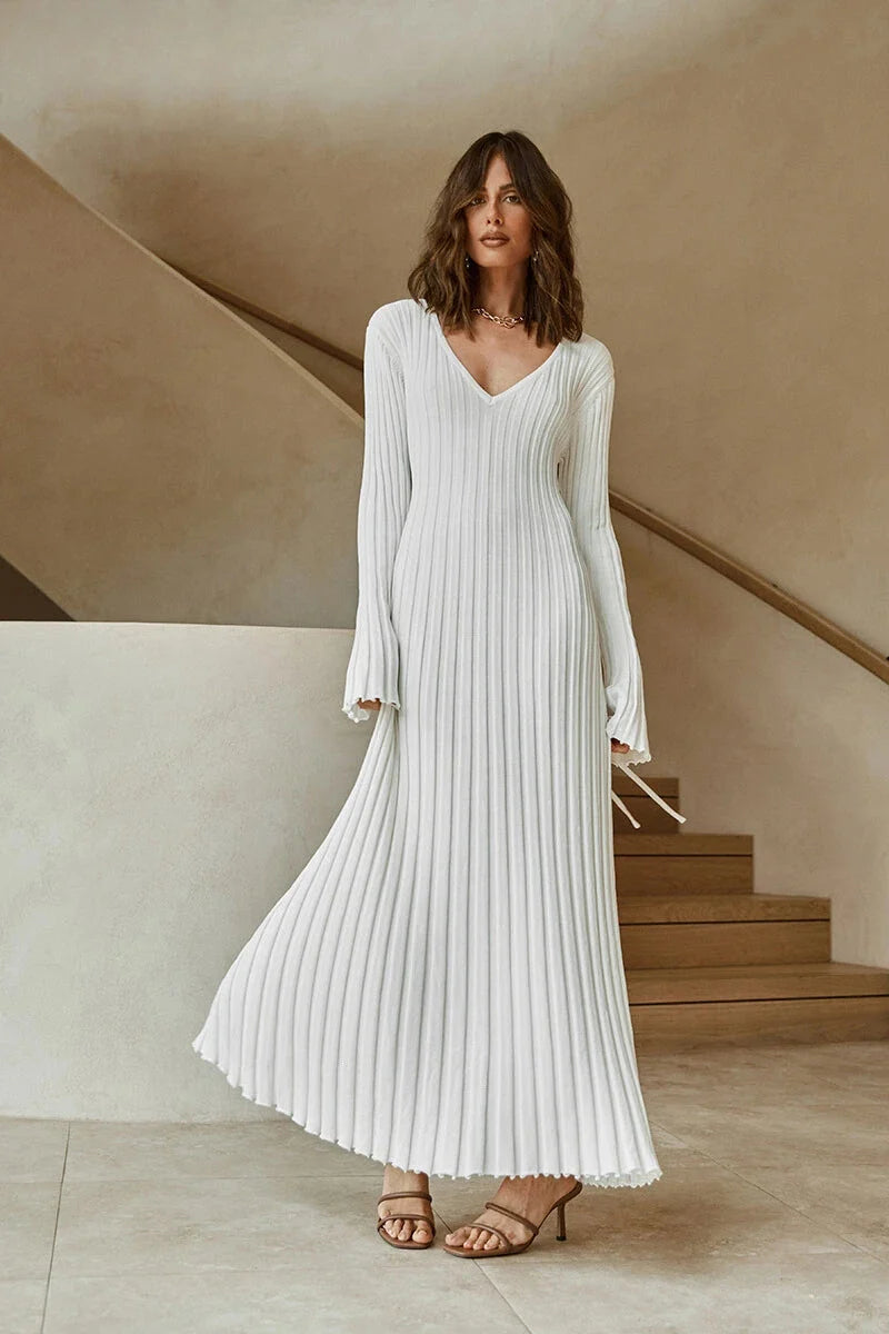 Zaraienne | V-Neck Long Sleeve Ribbed Knit Maxi Sweater Dress